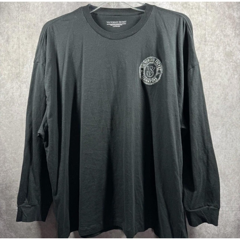Victoria's Secret Shirt Womens Large Black Long Sleeve Signature Rhinestone Logo